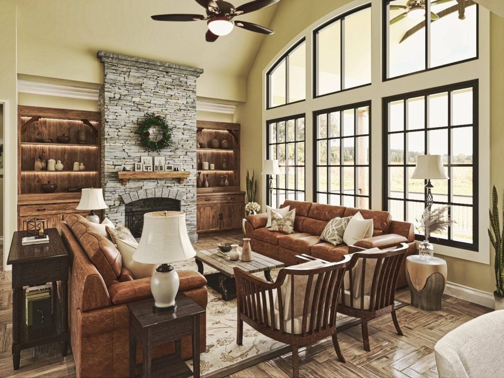 sunny living space with a fireplace