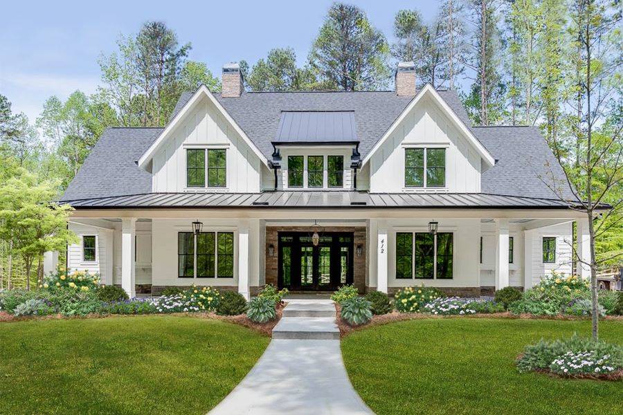 a popular two-story farmhouse design with a primary suite on the main level