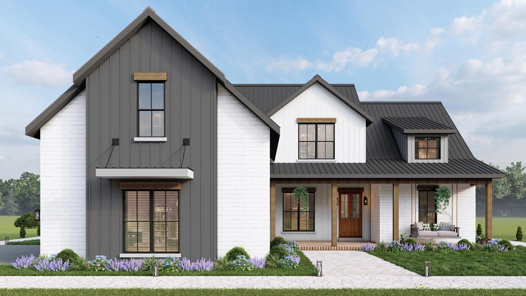 a two-story split-bedroom modern farmhouse with a vaulted ceiling across the entire great room