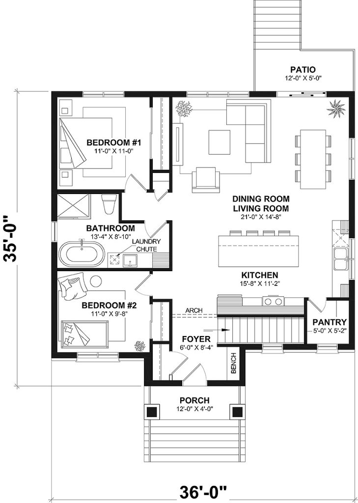 the main level floor plan of an inverted layout