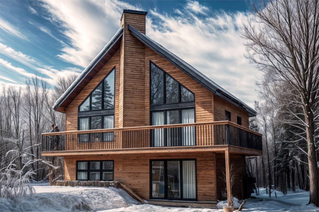 an inverted chalet-style house plan with split bedrooms between the main and basement levels plus a loft on top