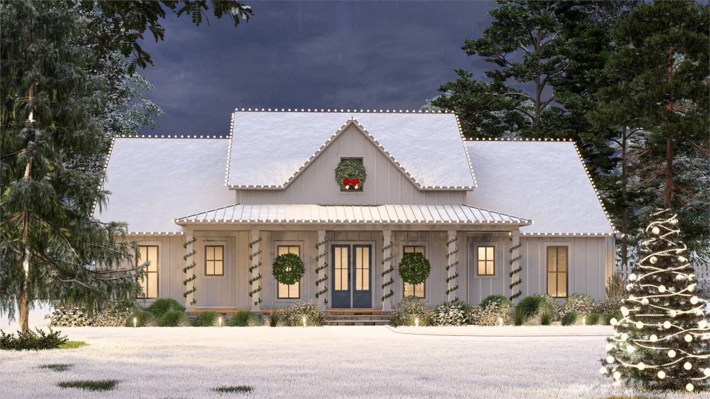 a lovely country-style ranch with holiday lights showing how lovely winter home construction can turn out