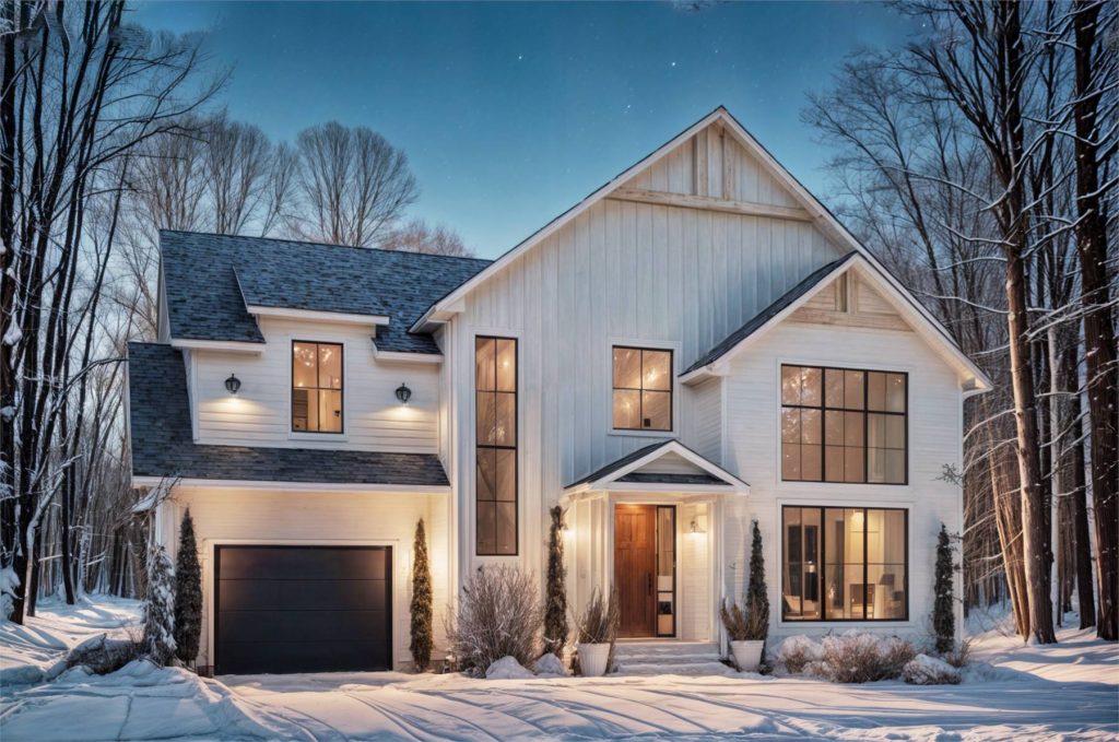 a modern farmhouse in the snow