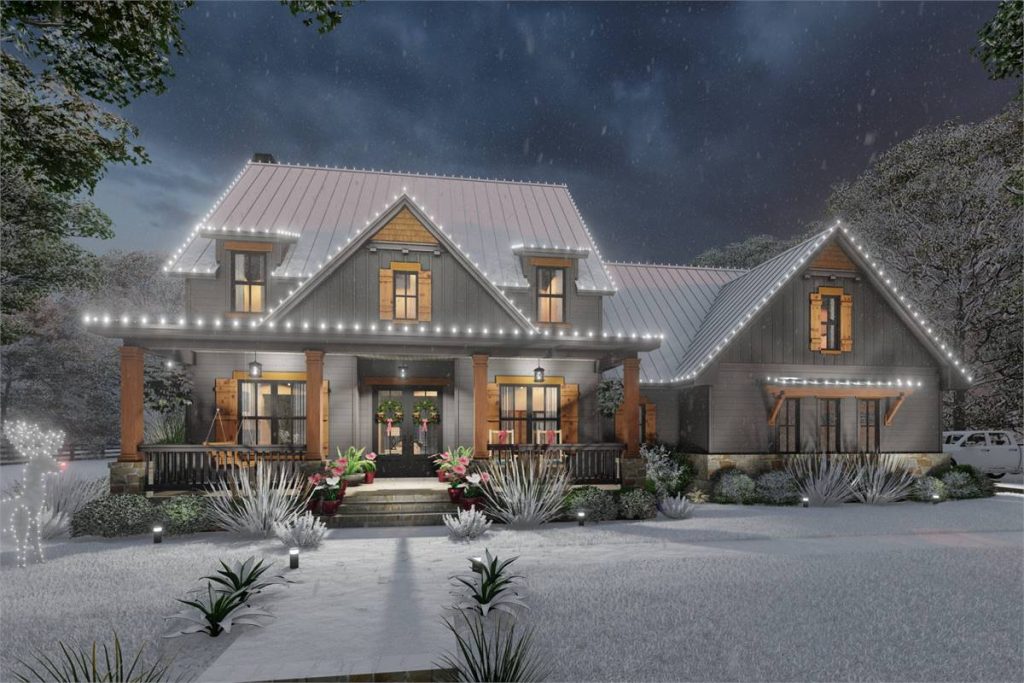 the results of winter home construction can be your own beautiful home like this, decked out for the festive season