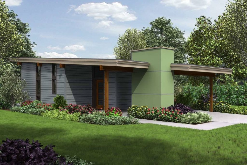 a tiny house plan under 1,000 square feet with mid-century modern style