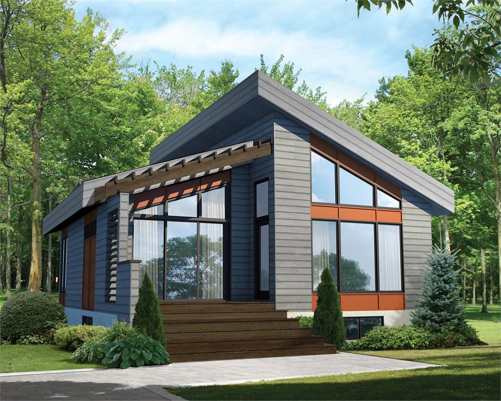 a contemporary tiny home plan under 1,000 square feet with large windows