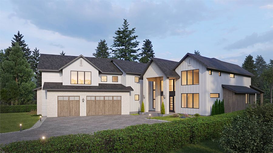 A Luxury Two-Story Transitional Home with Open Living, Split Bedrooms, and an Angled Garage