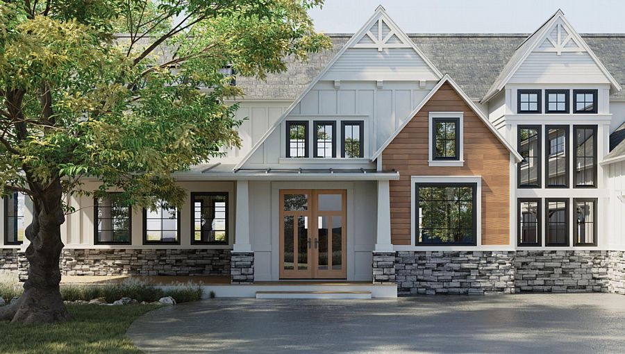 A Unique Transitional Farmhouse with a Bold Shaker-Inspired Door with Tons of Glass