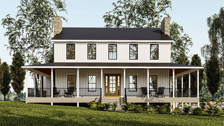 A Luxury Farmhouse with Simple Curb Appeal, a Wraparound Front Porch, and a Garage in Back