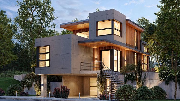 A Stacked Contemporary Home with a Drive-Under Garage and Two Stories with Two Bedrooms