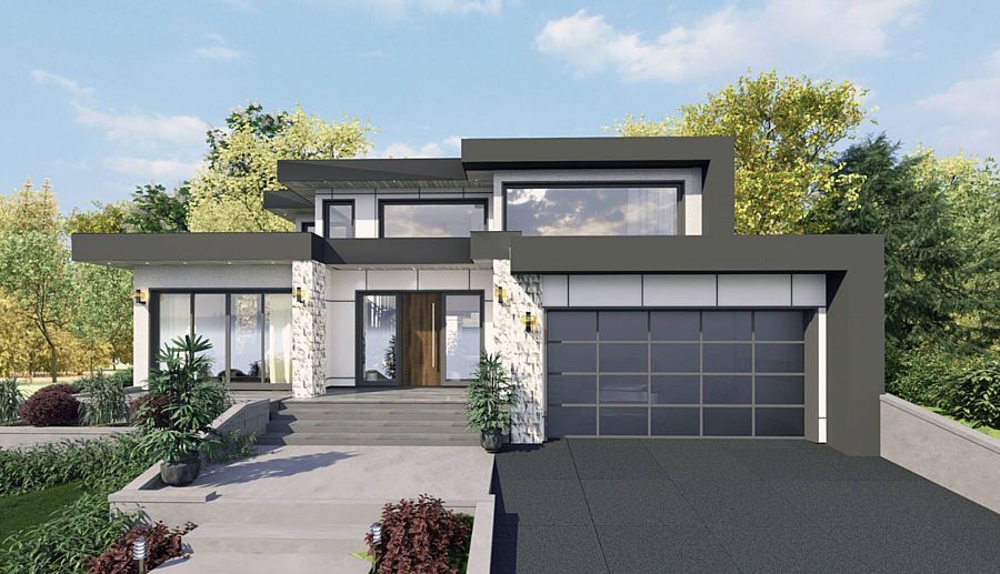 A Two-Story Contemporary Home with Flat Rooflines, Large Windows, and Grouped Bedrooms