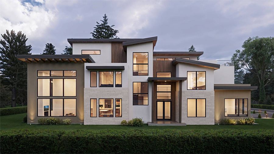 A Three-Level Contemporary Home with 6,305 Square Feet and Six Bedrooms under Dramatic Rooflines