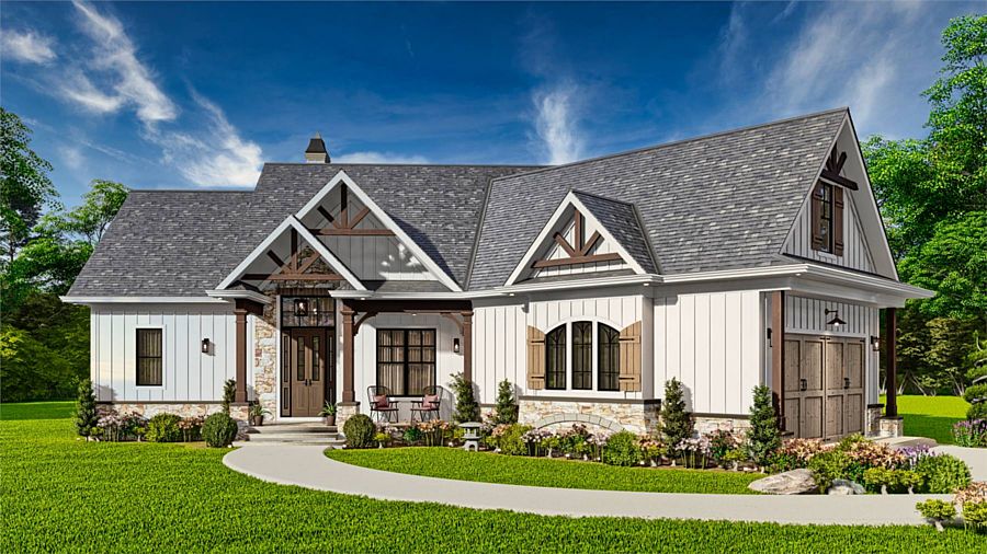 A Split-Bedroom One-Story Home with Open Living, an Office, and an Angled Garage