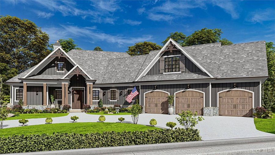 A Broad Craftsman Ranch with 2,243 Square Feet and an Angled Three-Car, Front-Entry Garage