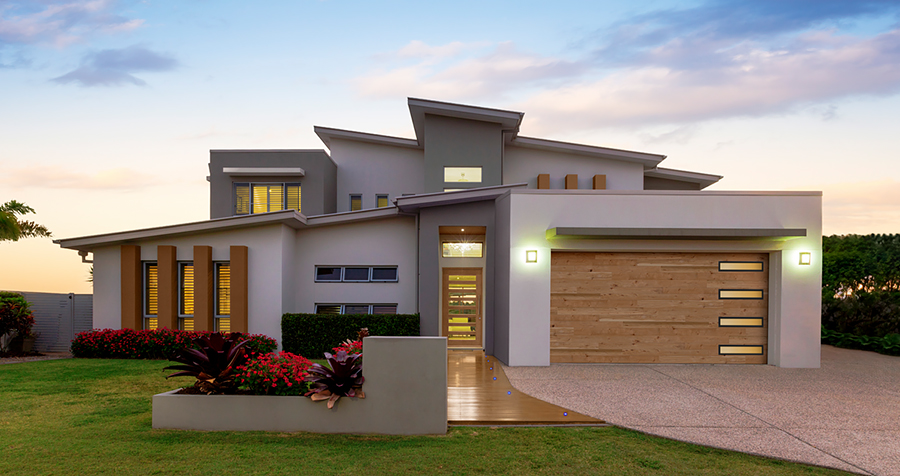 A Modern Home with a Chic Wood-Look Plank Garage Door with Slim Windows