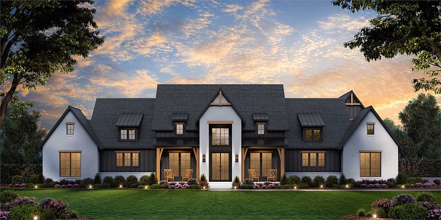 A Sprawling Modern Farmhouse with Symmetry, a Private Suite in Back, and Three Bedrooms in Front