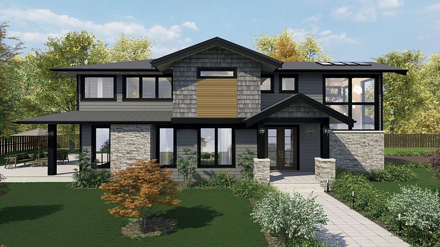 A Two-Story Transitional Home with Low Pitched Rooflines and an Atrium Stairway with Skylights