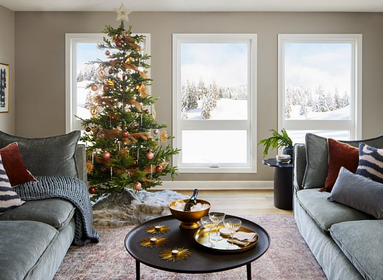 A Holiday Scene in a Living Room with Efficient Vinyl Windows