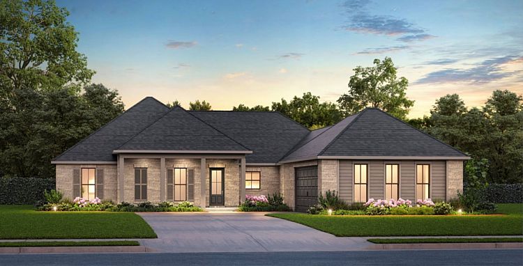 A Southern Ranch with a Front Side-Entry Garage, Four Bedrooms, and Hipped Rooflines All Around