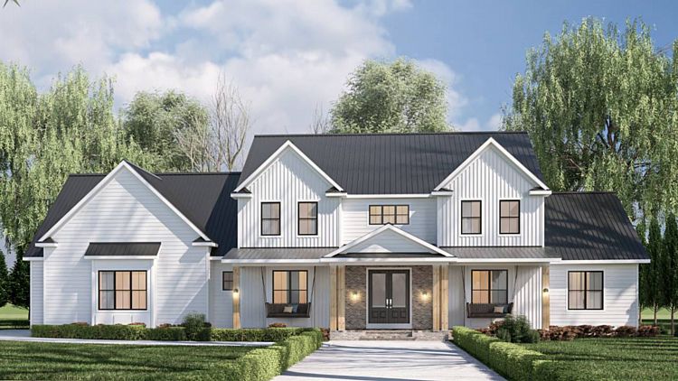 A Two-Story Farmhouse with a Side Garage, Split Bedrooms, Study, Playroom, and Large Laundry Room