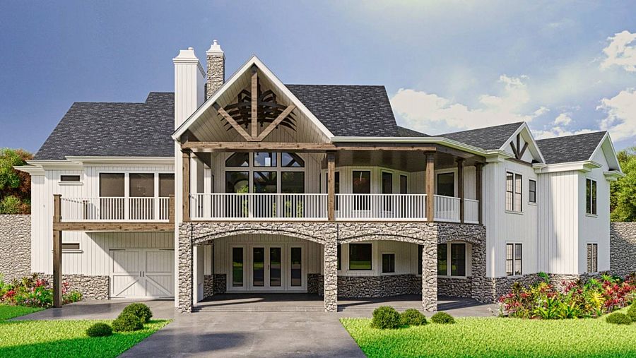 The Rear View of a Craftsman Home with a Walkout Basement and Ample Deck and Screened Deck Space