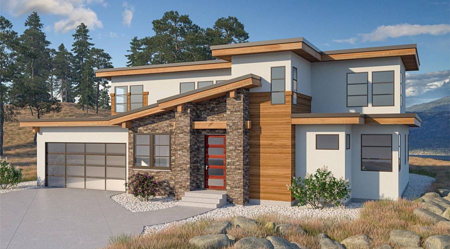 A Two-Story Modern Home with a Stone Entry and 2,127 Square Feet with Split Bedrooms