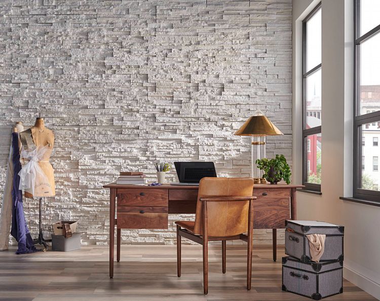 An Understated Workspace with a Wall of Chic Ledgestone