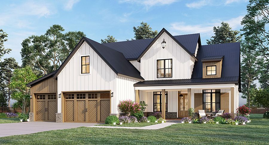 A Two-Story Farmhouse with Split Bedrooms, a Cathedral Vaulted Ceiling, and a Wraparound Rear Porch